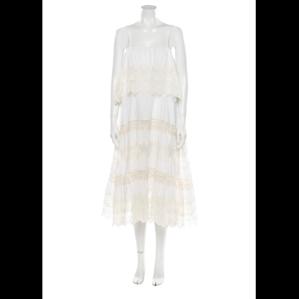Mes Demoiselles square neckline lace trim midi dress